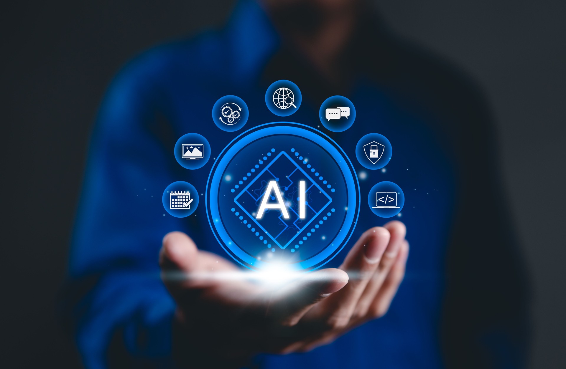 Artificial Intelligence (AI) and Business Support Concept. A person holds AI icons, data processing, communication, security, automation, role of generative AI business support and innovation. Chat AI