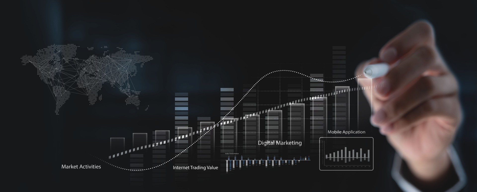 Digital marketing financial report, business development growth. Businessman touching on market report of online sale growth graph performance, internet trading via mobile app, business target and success
