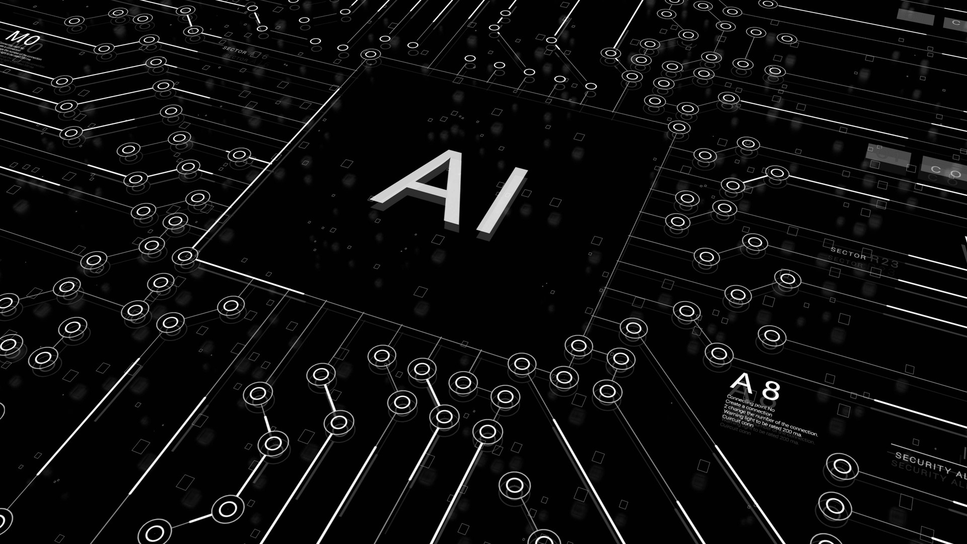 Monochrome photo of AI chip with AI inscription in a grey font