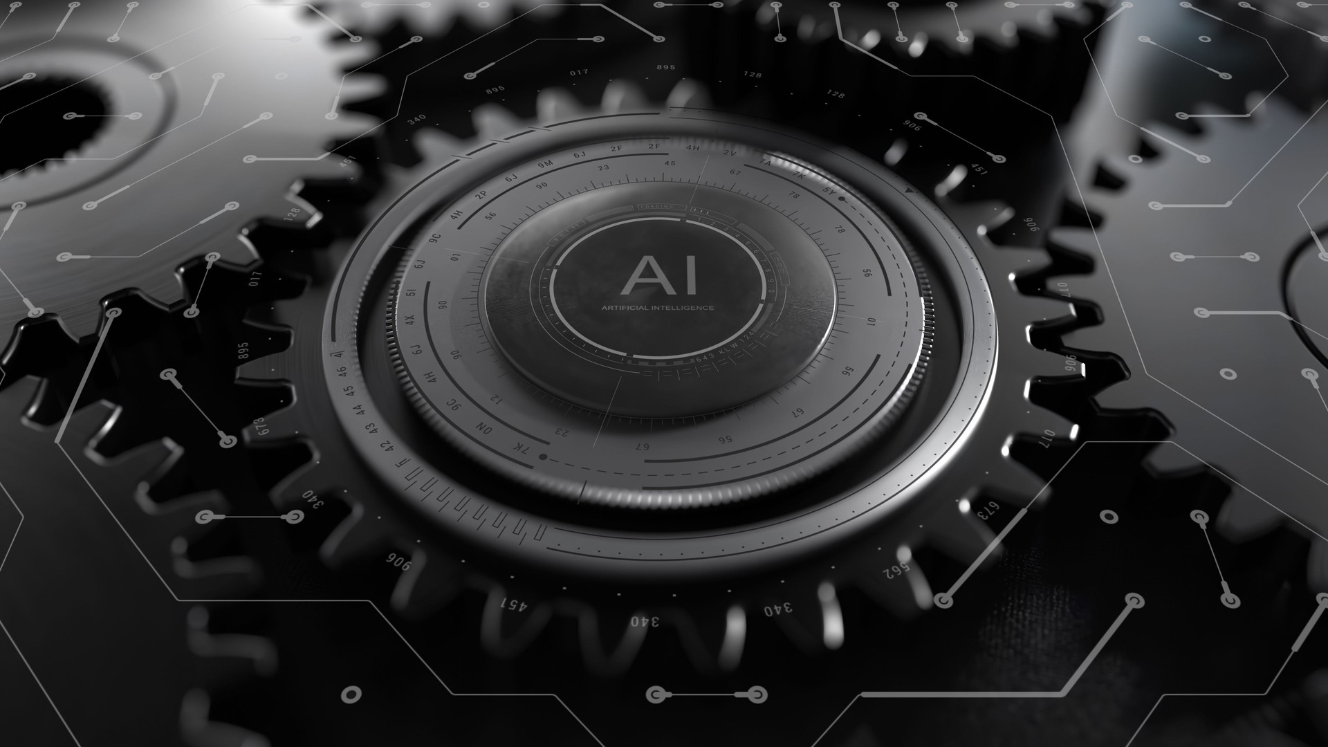 AI Cog wheel gear User Interface circle Futuristic Sci Fi 2D elements motherboard in a machine rotating. UI Gears working in the machinery. Golden white glowing shining.
