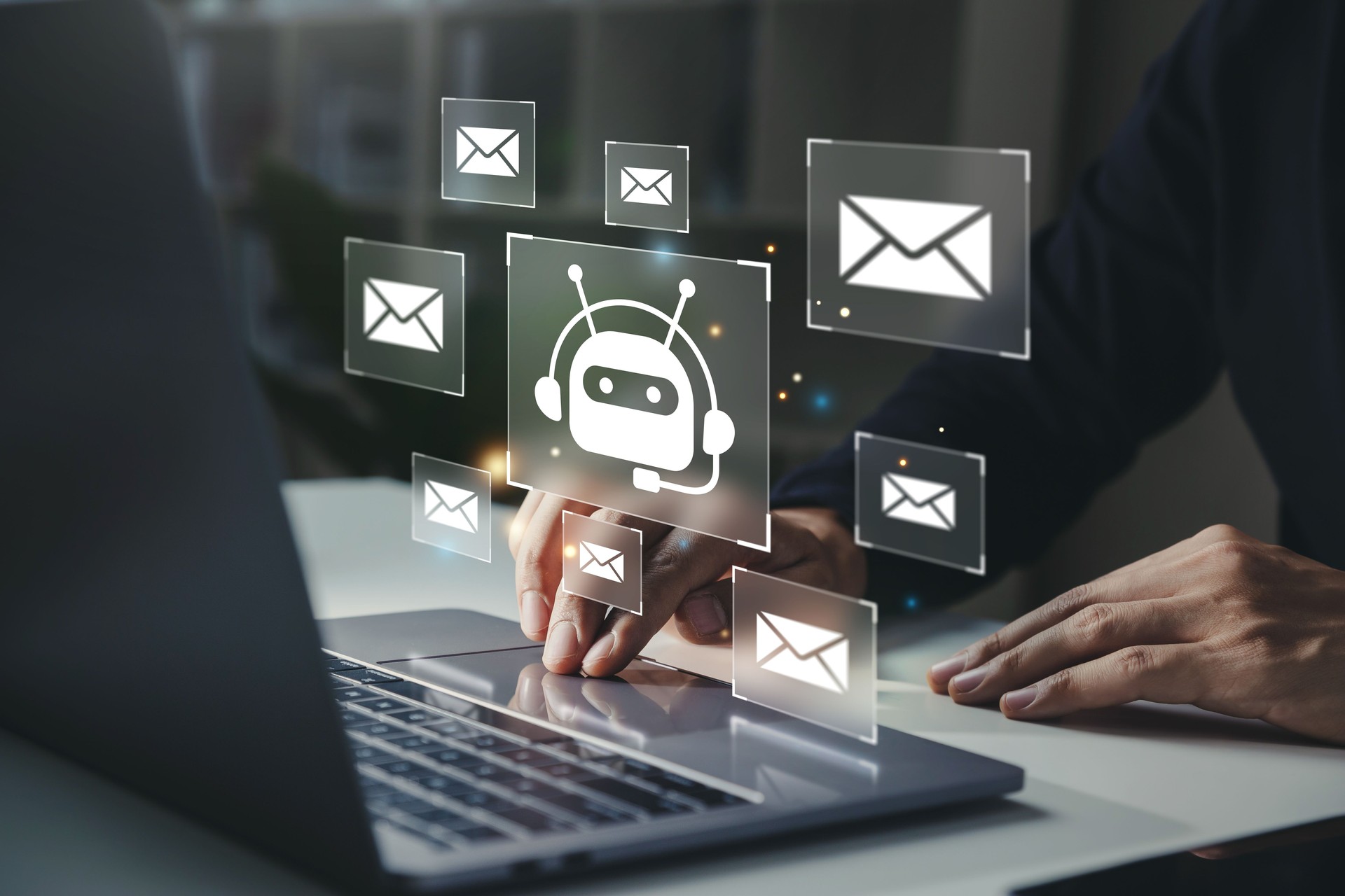 Businessman using laptop with Chat bot online, chatting communication.